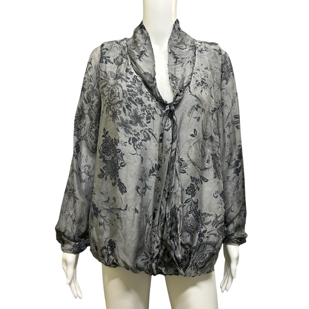 Bella Made in Italy Silky Gray Floral Career Blouse Size M